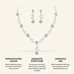 Detail view of silver-plated vine flower necklace and earring set with cubic zirconia