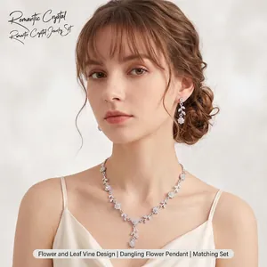 Floral Leaf Rhinestone Necklace And Earrings Silver Alloy Bridal Wedding Jewelry Accessories For Women