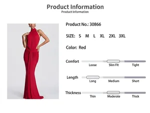 Robe de soirée longue rouge à licou, détails sur la coupe et la matière.