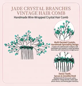 Close-up detail of handmade green crystal branch hair comb for vintage hairstyles
