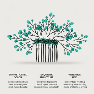 Handmade emerald green crystal branch hair comb with gunblack twisted wire details