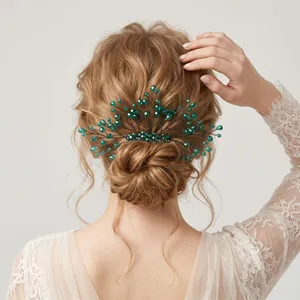 Elegant green crystal hair comb with handmade wire leaf design for bridal wedding bun