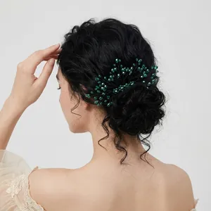Elegant handmade emerald green crystal beaded hair comb accessory for bridal bun hairstyles