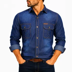 Close-up of a men's retro blue denim long-sleeve shirt with dual chest pockets.