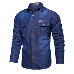 Detailed view of a vintage men's long-sleeved dark blue cotton denim workwear shirt.