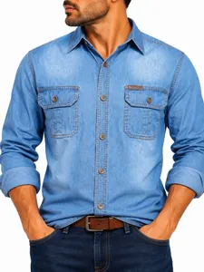 Men's Vintage Pure Cotton Denim Shirt Long Sleeve Button Down Workwear Casual Top With Chest Pockets Contrast Stitching