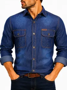 Classic men's retro dark blue denim long-sleeved workwear shirt featuring dual chest pockets.