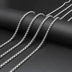 Durable silver stainless steel box chain necklace for men's fashion hip hop jewelry