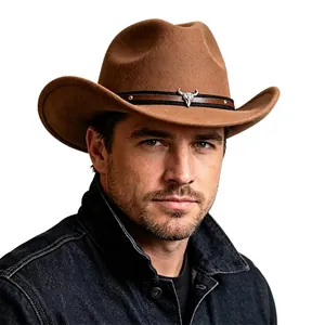 Retro Western Cowboy Hat For Women Men Ethnic Felt Hat With Bull Head Metal Decor Rivet Fedora Outdoor Travel Sun Hat