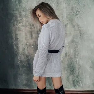 Casual mid-length loose grey knit sweater with belt for autumn winter outdoor fashion style.