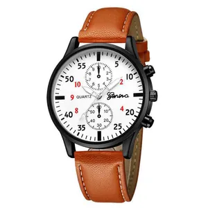 Classic Geneva men's quartz watch featuring a brown leather strap and elegant black case