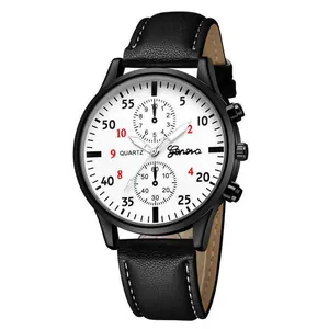 Professional Geneva men's luxury quartz watch with white dial and black leather strap