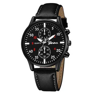 Geneva men's classic quartz watch featuring a black leather strap and stylish black dial