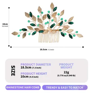 Detailed dimensions of retro green crystal leaf hair comb with gold wire design
