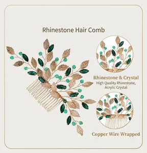 Close-up of vintage hand-wired hair comb with green crystals and gold leaf design