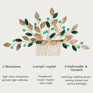 Detailed features of vintage hand-wired hair comb with green crystals and golden leaves