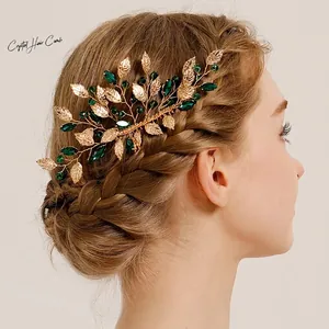 Handmade Green Crystal Bridal Hair Comb Vintage Gold Leaf Wedding Headpiece Rhinestone Forest Style Hair Accessory For Women