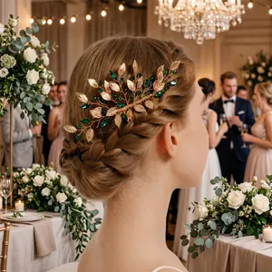 Vintage gold leaf hair comb with emerald crystals for wedding or banquet hairstyles.
