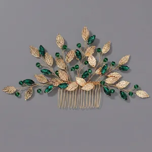 Vintage handmade gold leaf hair comb with emerald green crystals for bridal wedding