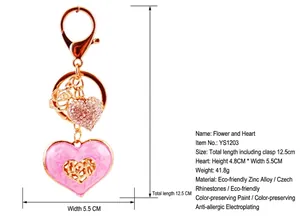 Detailed dimensions of pink enameled heart keychain with crystal charms and rose