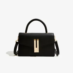 Women PU Leather Small Square Handbag With Gold Lock Adjustable Shoulder Strap Minimalist Crossbody Top Handle Bag
