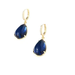 Elegant gold hoop earrings featuring vintage dark blue teardrop crystal pendants for women