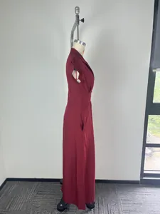 Side view of elegant burgundy maxi dress with cap sleeves and stand-up collar