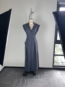 Elegant gray stand collar flutter sleeve maxi dress shown on a professional studio mannequin