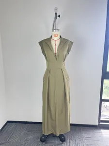 Front view of elegant olive green sleeveless maxi dress on a tailor mannequin