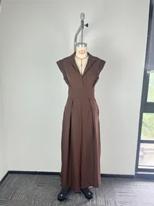 Elegant brown sleeveless V-neck maxi dress with cap sleeves and high waist design
