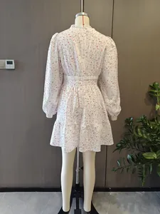 Vue arrière détaillée d'une mini-robe florale blanche avec dentelle à la taille