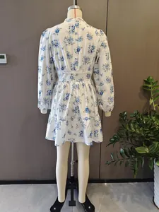 Vue arrière détaillée d'une robe fleurie blanche avec motifs bleus et dentelle