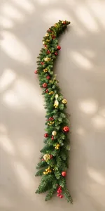 Detail of 2.7m Christmas garland with red berries and gold ornaments