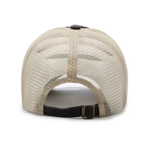 Back view of a washed mesh trucker hat featuring a breathable net and adjustable strap
