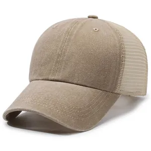 Distressed khaki trucker hat featuring a breathable mesh back and washed cotton finish