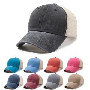 Vintage Washed Cotton Mesh Baseball Cap Distressed Retro Trucker Hat Breathable Solid Color Adjustable Sunshade Cap Men Women Outdoor Accessories