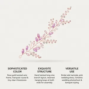 Detailansicht Braut-Haarschmuck in Roségold mit rosa Kristallen und Ranken-Design