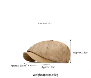 Detailed view of khaki mesh newsboy cap showing dimensions height 12cm width 21cm and weight 60g