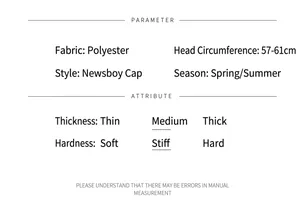 Detailed size and material specification chart for summer mesh newsboy hat