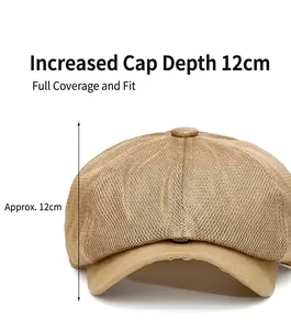 Detail showing the 12cm depth of this breathable khaki mesh newsboy cap for men.