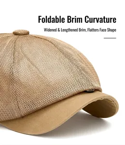 Detail view of khaki breathable mesh newsboy cap featuring a foldable curved brim