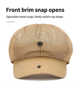 Detail of breathable mesh newsboy cap with adjustable front metal snap button