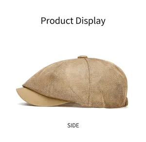 Side view of a khaki breathable mesh newsboy cap for men, summer baker boy style