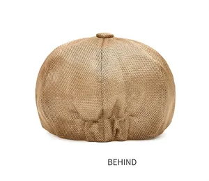 Detailed back view of a breathable khaki mesh newsboy beret hat for summer sun protection