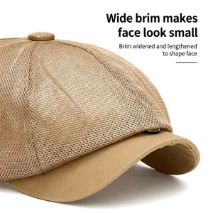 Breathable khaki mesh newsboy cap with wide brim for summer sun protection