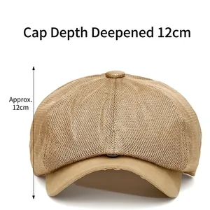 Khaki mesh newsboy cap featuring 12cm deep crown design for breathable summer sun protection