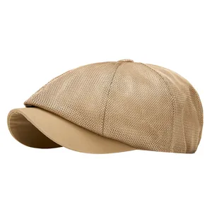 Summer breathable mesh newsboy cap for men in khaki, classic octagonal hat style