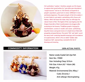 Detailed view of Chinese style koi fish keychain with rhinestones and cat's eye stone