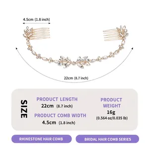 Close-up detail of bridal vine rhinestone hair comb with precise size and weight specs