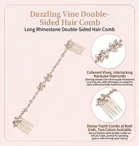 Detail view of a French vine rhinestone hair comb for bridal wedding hairstyles.